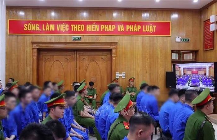Xét xử vụ án Mr Pips và 187 đồng phạm tại điểm cầu hội trường Trại tạm giam số 1 (Công an Hà Nội). Ảnh: Văn Điệp/TTXVN