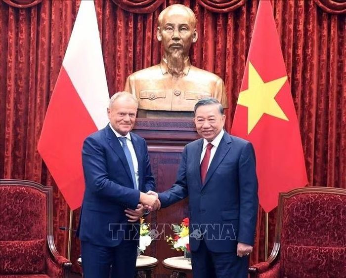 Tổng Bí thư, Chủ tịch nước Tô Lâm tiếp Thủ tướng Ba Lan Donald Tusk. Ảnh: Thống Nhất/TTXVN