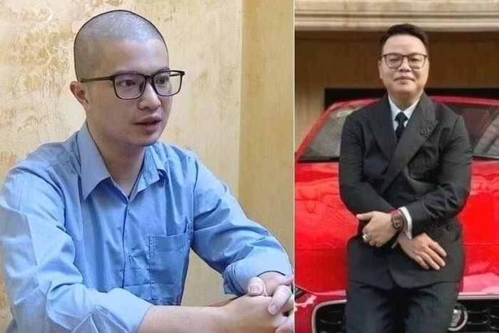 Bị can Phó Đức Nam (tức Mr Pips) và Lê Khắc Ngọ (tức Mr Hunter bên phải) khi mới bị khởi tố. Ảnh: VKSND TP. Hà Nội.