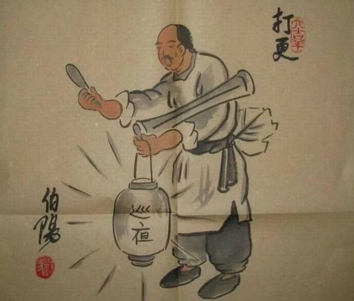 Những người tuần đêm thời Trung Quốc cổ đại thường dùng một cái dùi gỗ hoặc chiêng để gõ báo giờ cho cư dân khu phố trong khi tuần tra. Ảnh: Zhihu.
