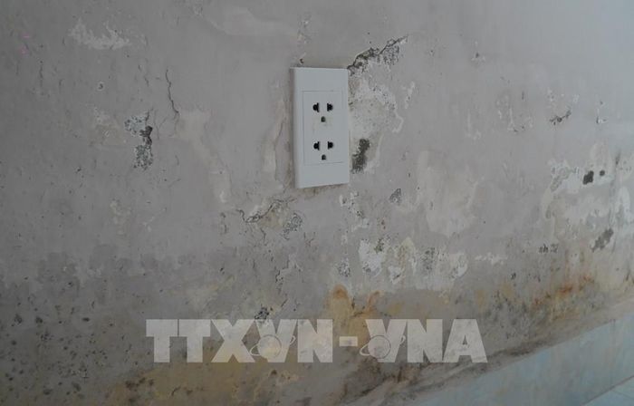 Một số vị trí thấm nước ngay phích cắm điện, người dân lo lắng về nguy cơ mất an toàn điện. Ảnh: Nhựt An - TTXVN