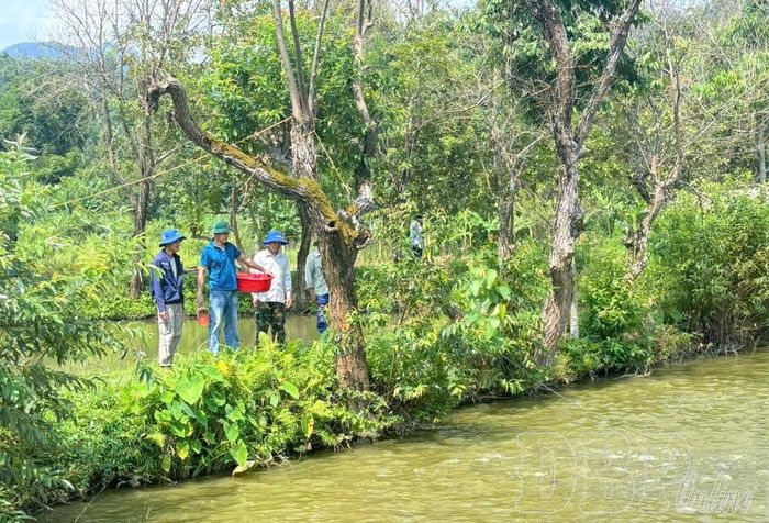 Anh Lò Đức Quyết (thứ 2 từ trái sang) trao đổi, hướng dẫn người dân cách nuôi trồng thủy sản.