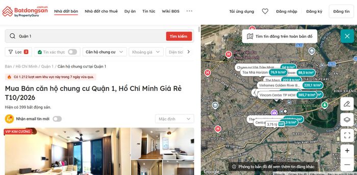 Tính năng xem tin đăng trên bản đồ cho phép người mua so sánh giá một cách trực quan giữa các dự án căn hộ trong khu vực. Ảnh: Batdongsan.com.vn