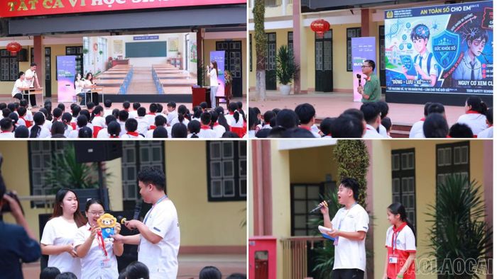 Học sinh Trường THCS Kim Tân tham gia các hoạt động tương tác, tìm hiểu kỹ năng sử dụng Internet an toàn.