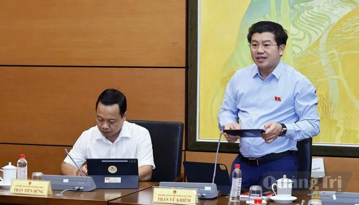 Đồng chí Trần Vũ Khiêm, Phó Bí thư Thường trực Tỉnh ủy, Trưởng đoàn đại biểu Quốc hội tỉnh thảo luận về dự thảo Luật Xử lý vi phạm hành chính (sửa đổi) - Ảnh: C.T.V