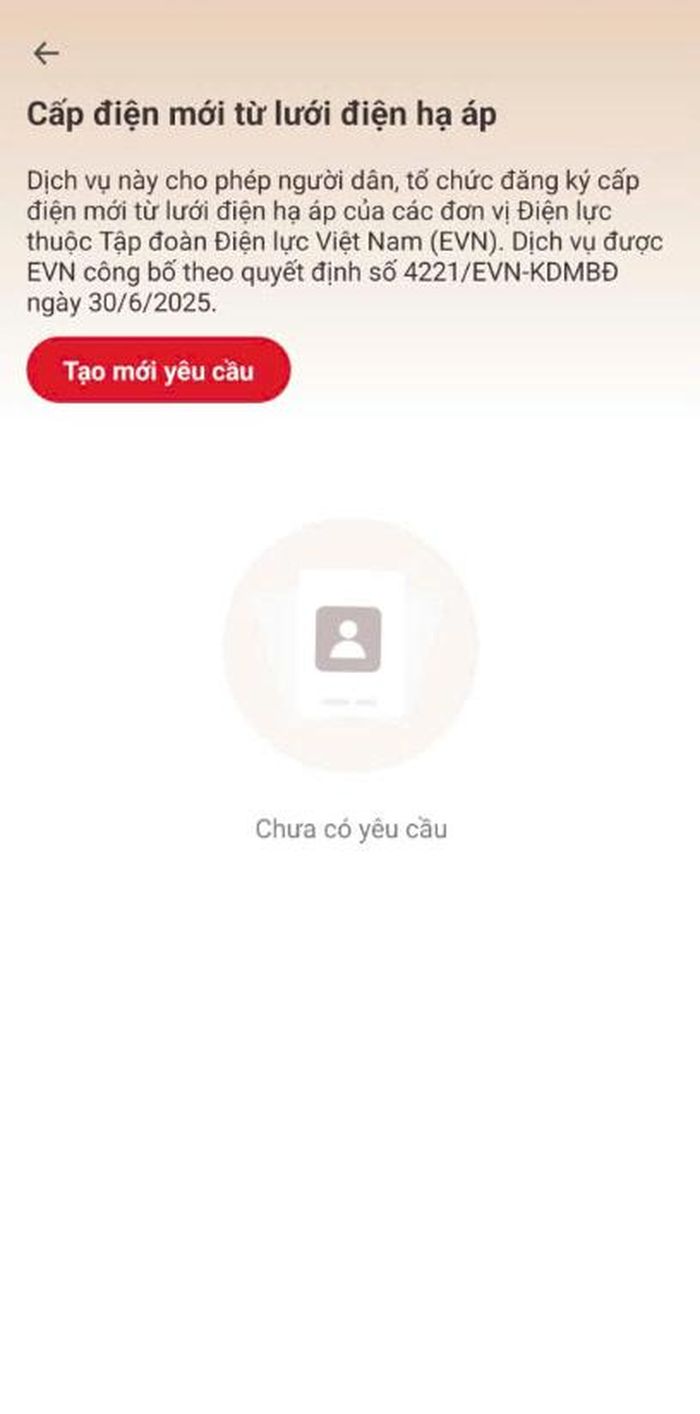 Màn hình chọn tạo mới yêu cầu
