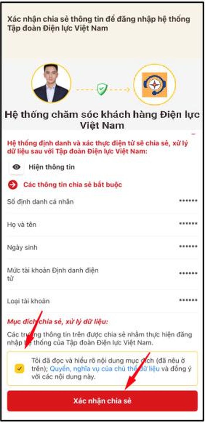 Màn hình xác nhận chia sẻ thông tin