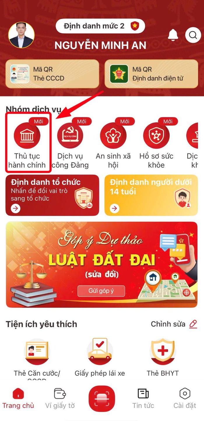 Màn hình chọn nhóm chức năng “Thủ tục hành chính”