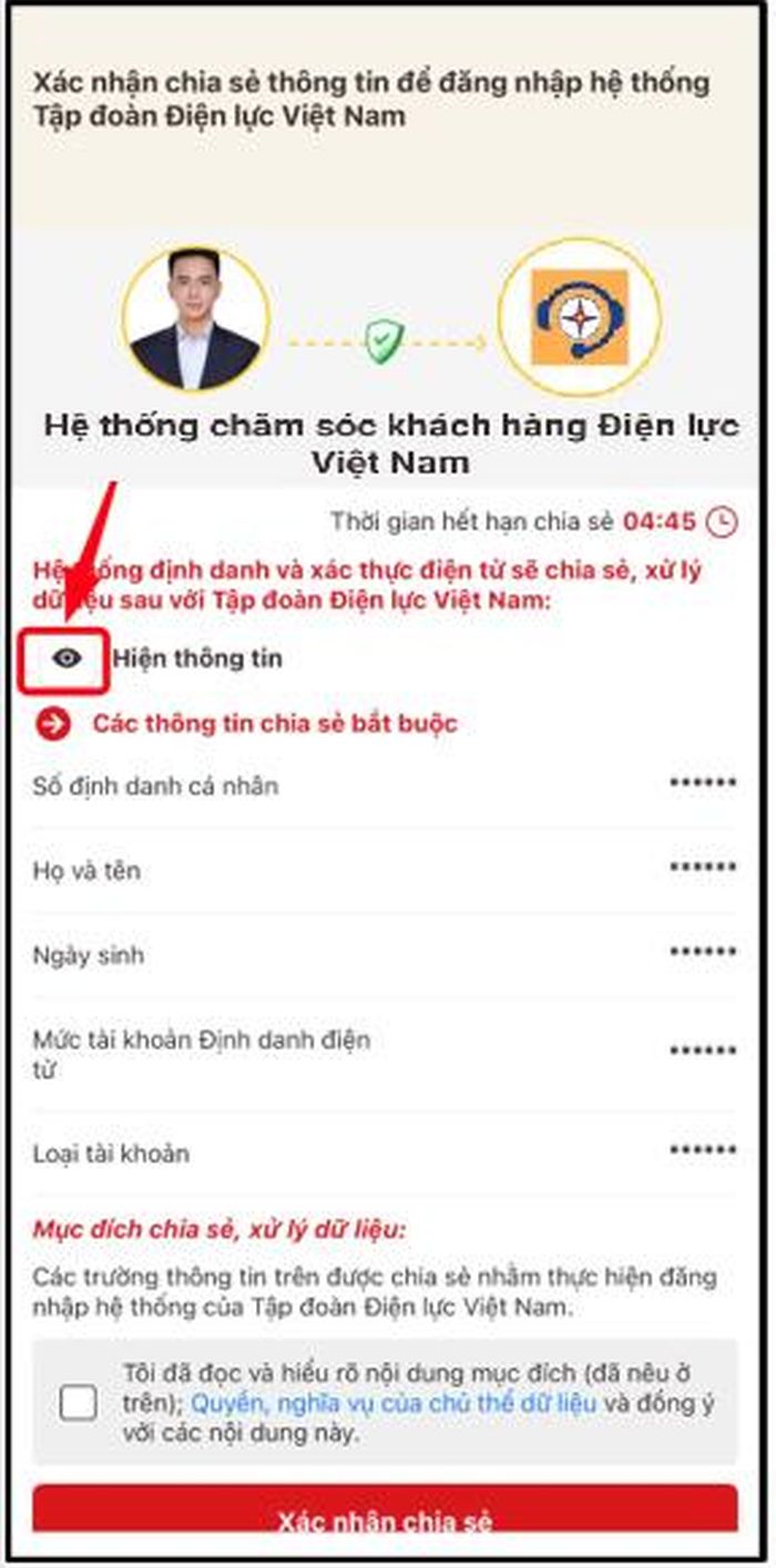 Màn hình chọn hiện thông tin để xem các thông tin chia sẻ