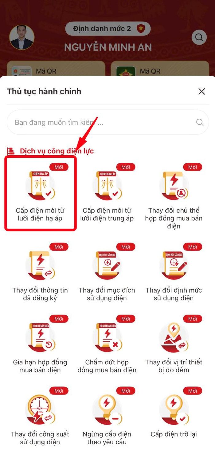 Màn hình chọn chức năng “Cấp điện mới từ lưới điện hạ áp”