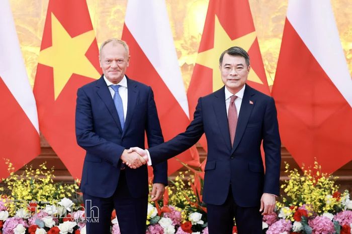 Thủ tướng Lê Minh Hưng Thủ tướng Ba Lan Donald Tusk bắt tay trước khi vào hội đàm.