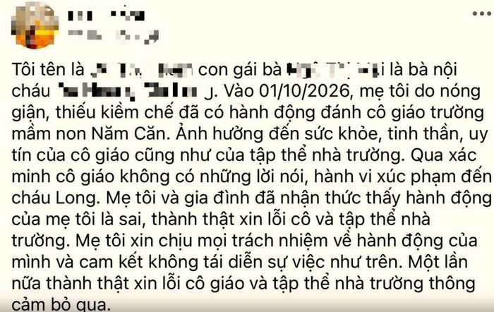 Con gái bà N.T.M đăng lời xin lỗi nữ giáo viên và tập thể Trường Mầm non Năm Căn (tỉnh Cà Mau) sau vụ mẹ mình đánh giáo viên. Ảnh: Chụp màn hình