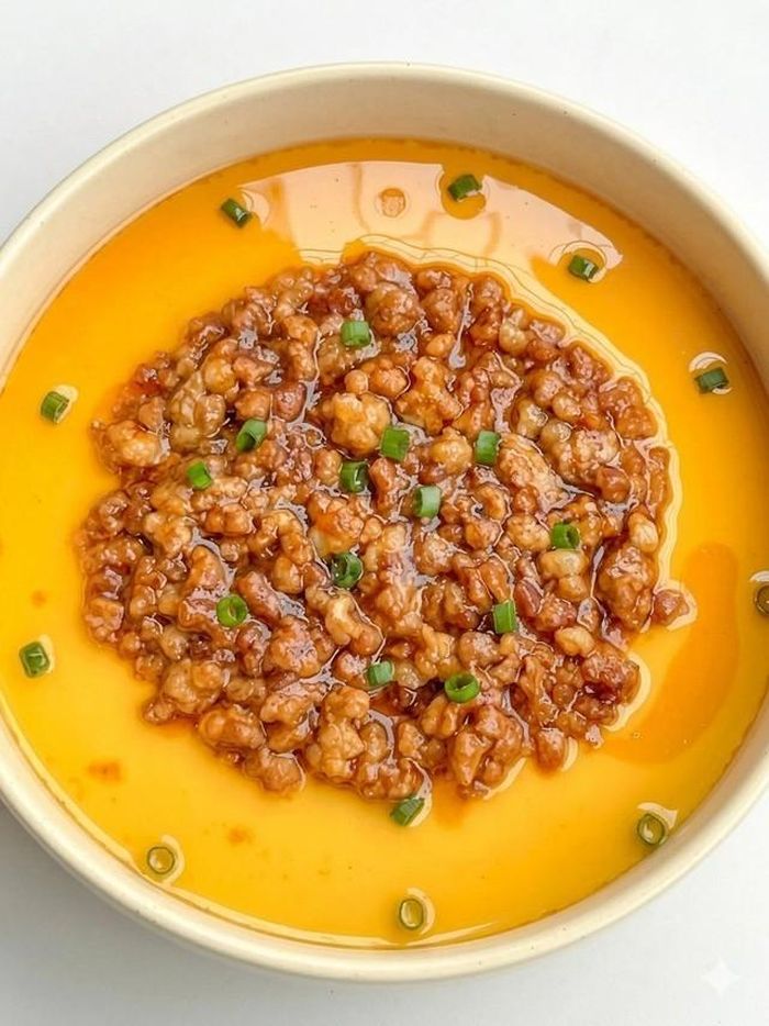Thành phẩm đĩa trứng hấp thịt băm láng mịn như caramen, không bị rỗ mặt hay tách nước. Ảnh: Hằng Moon