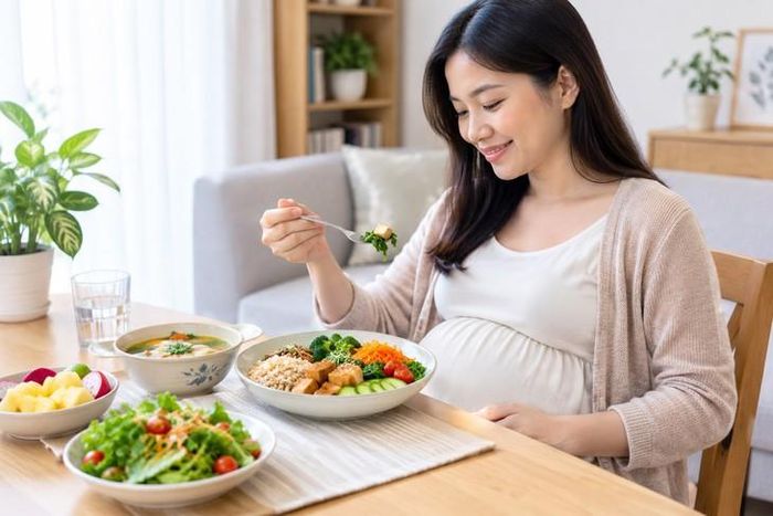 Phụ nữ mang thai vẫn có thể duy trì chế độ ăn chay nếu được lập kế hoạch phù hợp, đáp ứng đủ nhu cầu năng lượng, protein, vitamin và khoáng chất. Ảnh minh họa (AI)