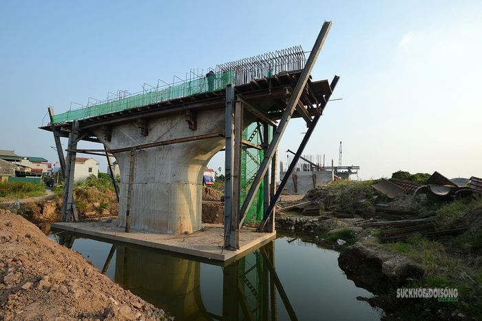 Kết cấu trụ cầu đang được thi công với hệ thống ván khuôn, giàn giáo và cốt thép. Ảnh: Tuấn Anh