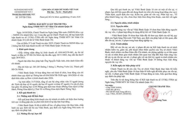 Kết luận thanh tra Vikki Bank quận 10.