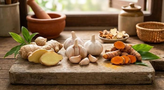3 loại thảo dược là gia vị thường có mặt trong bếp,có tác dụng tăng sức đề kháng mùa dịch cúm A. Ảnh minh họa AI.