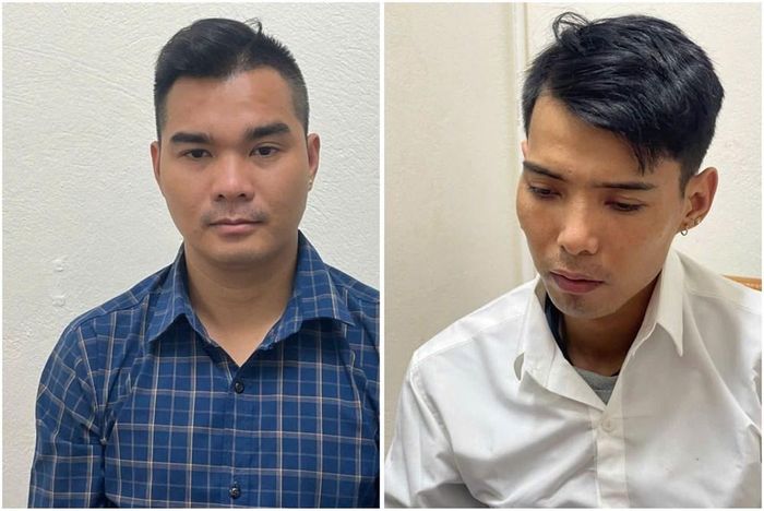 Bùi Văn Quyền (áo xanh) và Nguyễn Đình Cường (áo trắng) tại cơ quan công an. Ảnh: Công an Thanh Hoá