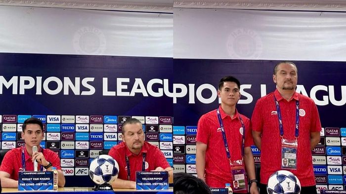 HLV Velizar Popov và tiền vệ Khuất Văn Khang tại buổi họp báo trước trận đấu với FC Seoul