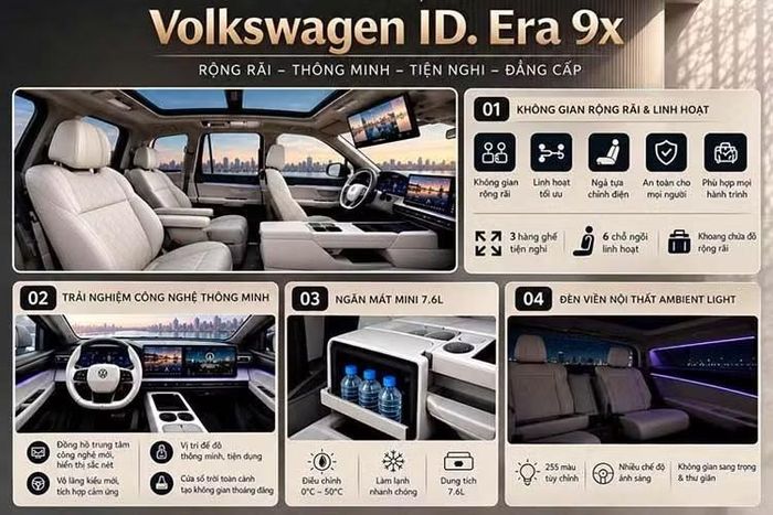 Không gian bên trong Volkswagen ID. Era 9X 2026 mới được bố trí 6 chỗ ngồi theo cấu hình 2+2+2, với hai ghế độc lập ở hàng thứ hai. Cách bố trí này hướng đến sự thoải mái cho hành khách, đặc biệt là những người thường xuyên sử dụng xe có tài xế riêng hoặc di chuyển đường dài.