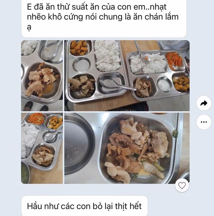  Phụ huynh cho biết, ăn thử thịt trong bữa ăn bán trú nhưng rất nhạt nhẽo. 