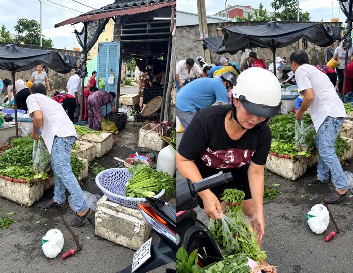 Đông đảo người dân đến lấy thực phẩm tại sạp rau của ông Đ.