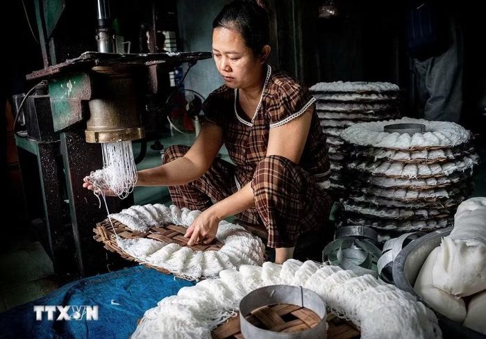 Bột bánh trong máy ép tuôn ra thành sợi nhuyễn. Người thợ thoăn thoắt dùng tay hứng và ngắt sợi thành từng cụm bánh nhỏ, đều đặn trên khay bằng tre. (Ảnh: Khánh Hòa/TTXVN)