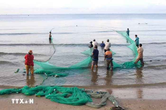 Nghề kéo lưới rùng ở Lâm Đồng là nghề đánh bắt hải sản bằng những ngư cụ thô sơ và chủ yếu dựa vào sức người tập thể. (Ảnh: Hồng Hiếu/TTXVN)