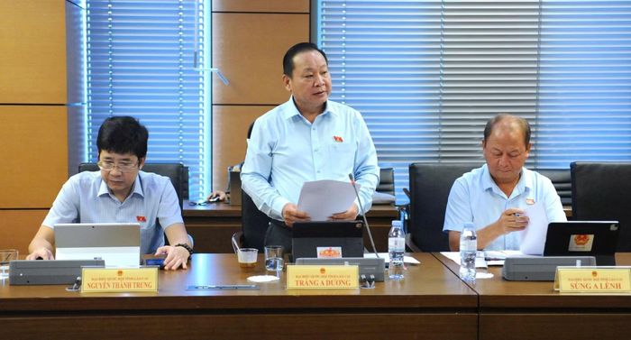 Đại biểu Quốc hội tỉnh Lào Cai Tráng A Dương, Ủy viên hoạt động chuyên trách tại Hội đồng Dân tộc của Quốc hội phát biểu thảo luận tại tổ.