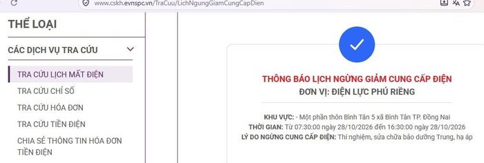 Lịch ngừng cấp điện tại Đồng Nai ngày mai 28/10 được cập nhật trên website của EVNSPC lúc 16h15 ngày 27/10. Ảnh: BNEWS phát