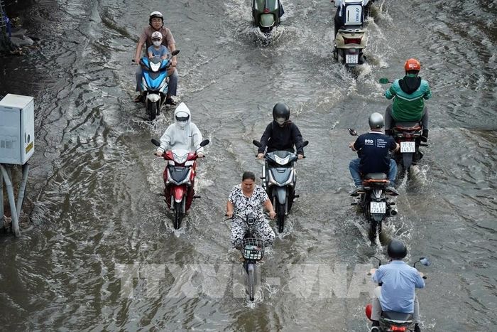 Các phương tiện di chuyển trên đường Trần Xuân Soan, phường Tân Thuận ngập sâu do triều cường lên cao chiều 27/10. Ảnh: Hồng Đạt - TTXVN