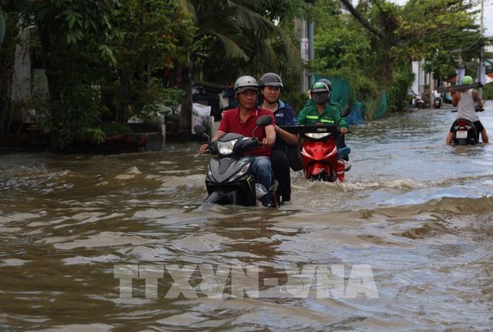 Đường Đào Sư Tích, xã Nhà Bè, ngập sâu nhiều đoạn dài từ cầu Phước Lộc đến cầu Cây Khô do triều cường dâng cao chiều 27/10. Ảnh: Hồng Đạt - TTXVN