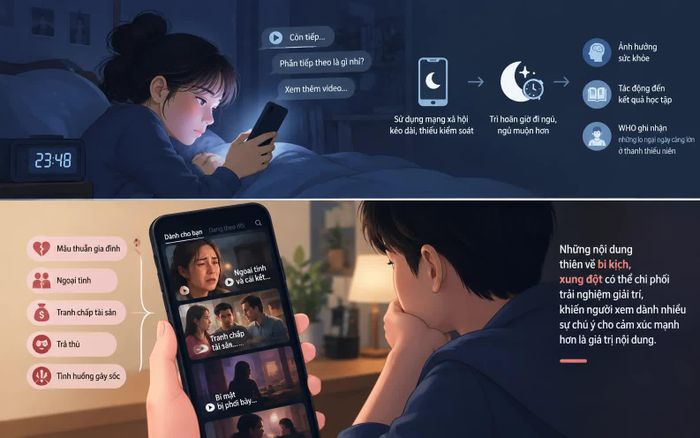 Hệ lụy từ thói quen xem phim ngắn AI thiếu kiểm soát. (Ảnh minh họa do AI tạo). 