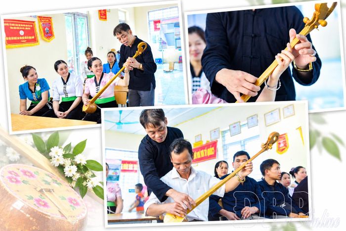 Ông Lường Văn Phối (áo đen) trực tiếp truyền dạy nghệ thuật đàn tính.
