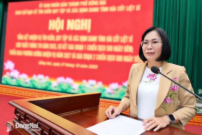 Thành ủy viên, Phó Chủ tịch UBND thành phố, Trưởng ban Chỉ đạo thành phố Đồng Nai Nguyễn Thị Hoàng phát biểu tại hội nghị. Ảnh: Nguyệt Hà