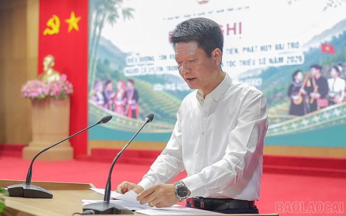 Đồng chí Nguyễn Thế Phước, Phó Bí thư Tỉnh ủy, Chủ tịch Ủy ban MTTQ Việt Nam tỉnh phát biểu tại hội nghị.