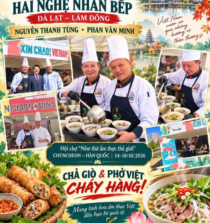 Hai nghệ nhân của Hội đầu bếp Lâm Đồng tham gia hội chợ Ẩm thực thế giới ChunCheon tại Hàn Quốc, góp phần lan toả và quảng bá ẩm thực Việt qua hai món ăn là chả giò và phở Việt Nam