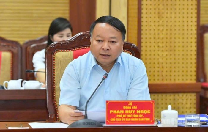 Đồng chí Phó Bí thư Tỉnh ủy, Chủ tịch UBND tỉnh Phan Huy Ngọc phát biểu tại cuộc họp.