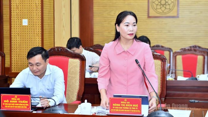 Đồng chí Nông Thị Bích Huệ, Phó Bí thư Thường trực chuyên trách Đảng ủy UBND tỉnh phát biểu tại cuộc họp.