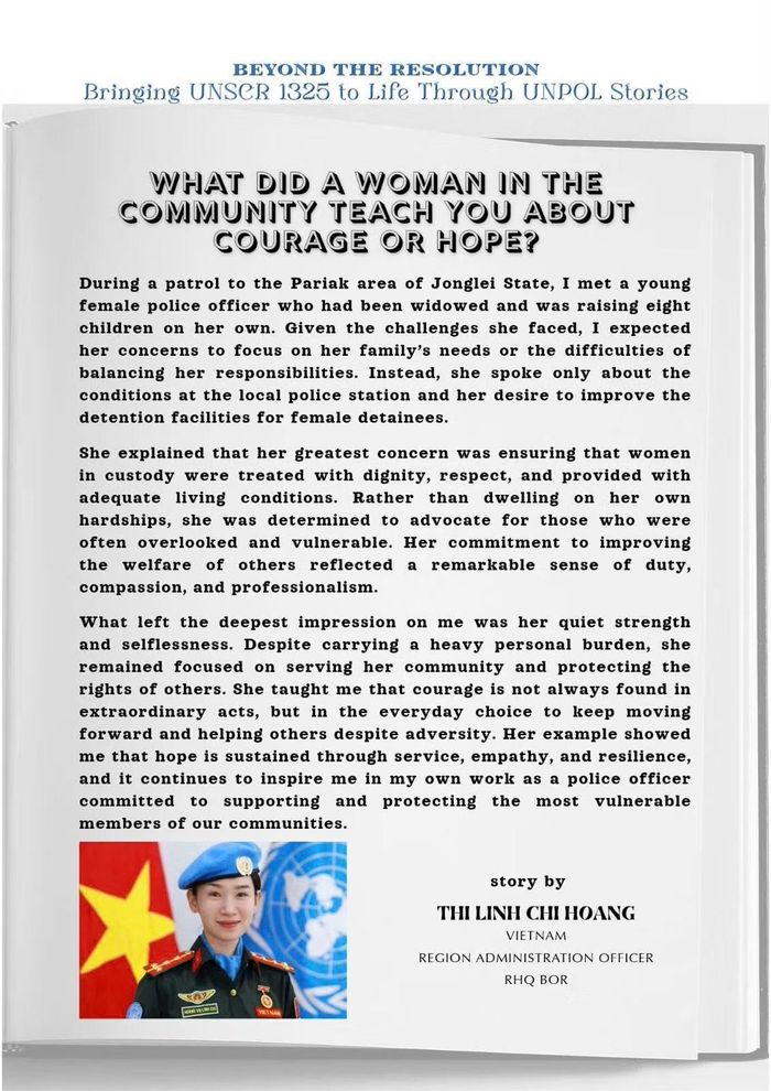 Bản tin hàng tháng của Phái bộ UNMISS đăng tải bài viết của Đại úy Hoàng Thị Linh Chi trong Chuyên mục đặc biệt về Nghị quyết 1325 của Hội đồng Bảo an LHQ.