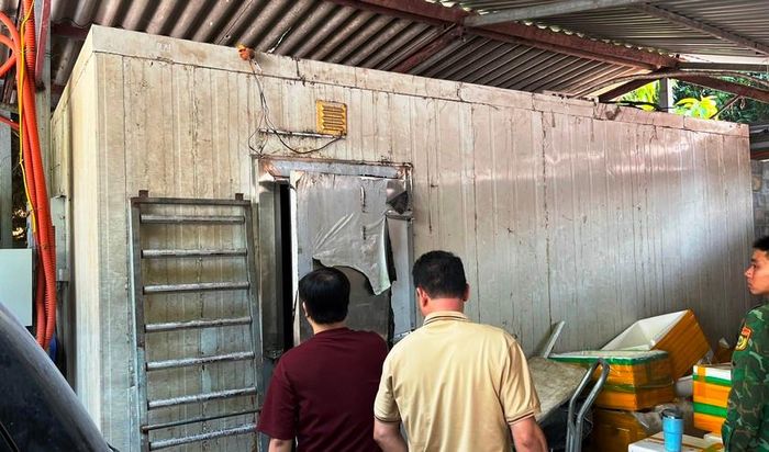 Lực lượng chức năng phát hiện thực phẩm "bẩn" chứa trong container loại 40 feet để cấp đông, tại phường Lào Cai. Ảnh: Trung Dũng 