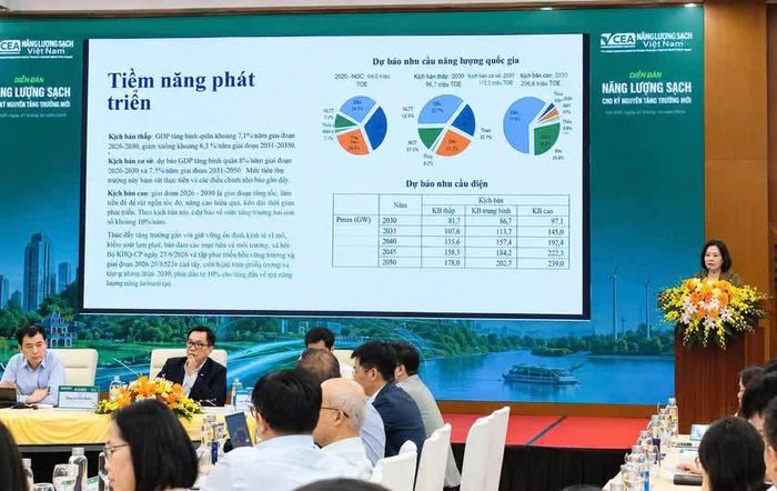 Bà Nguyễn Thị Thu Huyền, Viện Năng lượng, Bộ Công Thương trình bày tham luận "Tổng quan phát triển năng lượng sạch tại Việt Nam - Thực trạng, tiềm năng và định hướng trong kỷ nguyên tăng trưởng mới".