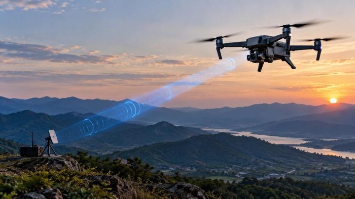 Hệ thống liên lạc không dây giữa drone và trạm điều khiển mặt đất, lĩnh vực Peraso hướng tới phát triển bằng công nghệ sóng milimét 60 GHz. Ảnh minh họa tạo bằng AI.