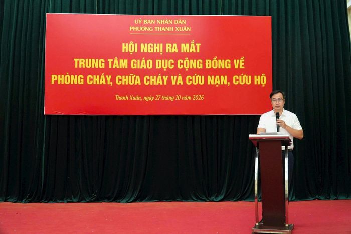 Phó Chủ tịch UBND phường Thanh Xuân Nguyễn Hồng Quân phát biểu tại sự kiện. Ảnh: Tùng Lâm