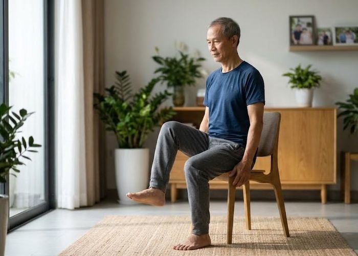 Bài tập ngồi nâng từng đầu gối giúp người 60 tuổi vận động các cơ vùng hông. Ảnh minh họa AI.