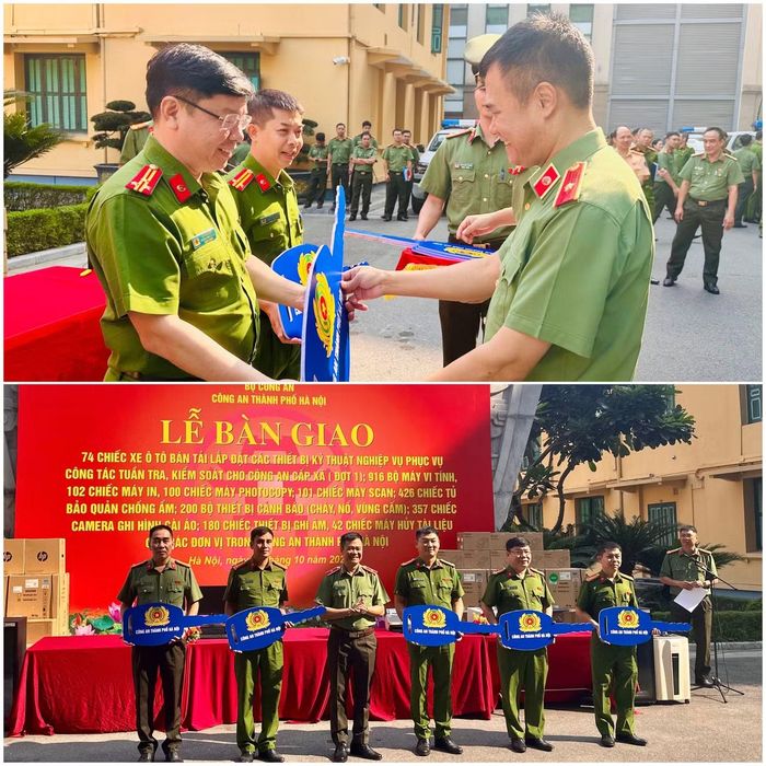 Đồng chí Phó Giám đốc CATP bàn giao phương tiện, trang thiết bị cho đại diện các đơn vị