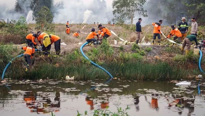 Lực lượng cứu hỏa Indonesia bơm nước dập các đám cháy rừng đang lan rộng ở Barito Kuala, tỉnh Nam Kalimantan ngày 25-10-2026