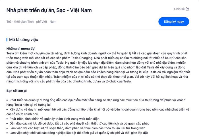  Bài tuyển dụng nhân sự mảng phát triển trạm sạc tại Việt Nam trên trang chủ Tesla. Ảnh: Tesla.