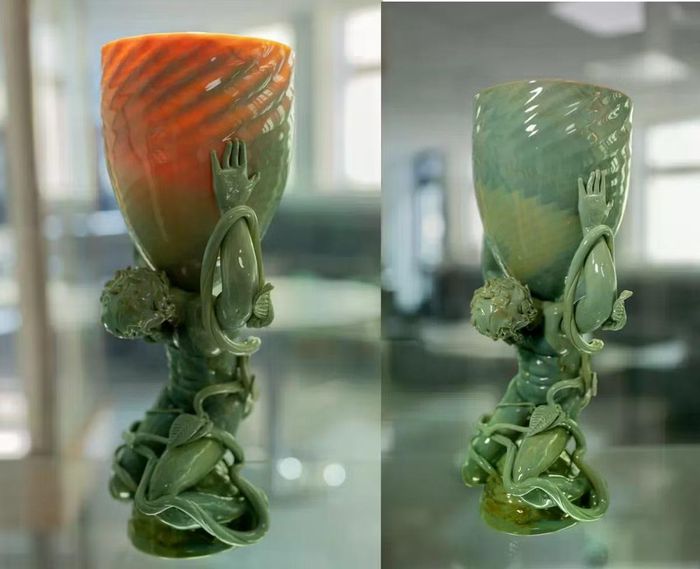 Chiếc cốc được tái tạo có màu đỏ khi chiếu sáng từ phía sau (bên trái) và màu xanh khi được chiếu sáng thông thường (bên phải). Ảnh: Ed Cartledge/Sort Of Films.