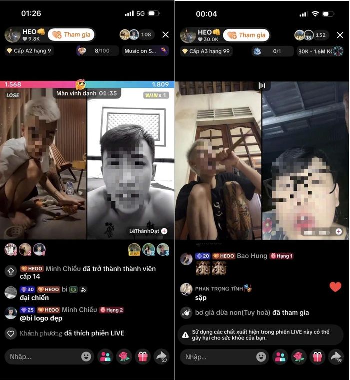Hình ảnh các phiên livestream trên TikTok có nội dung phản cảm, tự gây thương tích để thu hút người xem tặng quà. (Ảnh: CA tỉnh Quảng Trị)